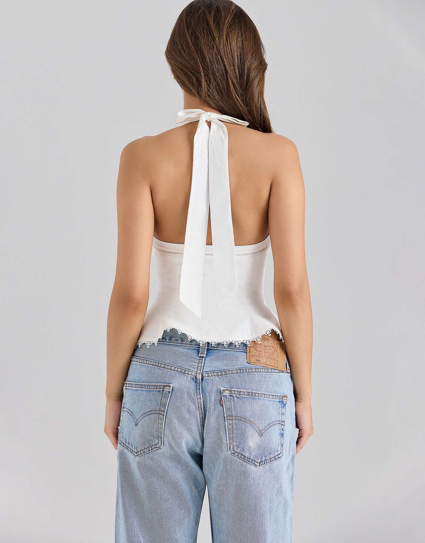WHITE Poplin Halter Neck Self Tie Back Lace Trim Peplum Top