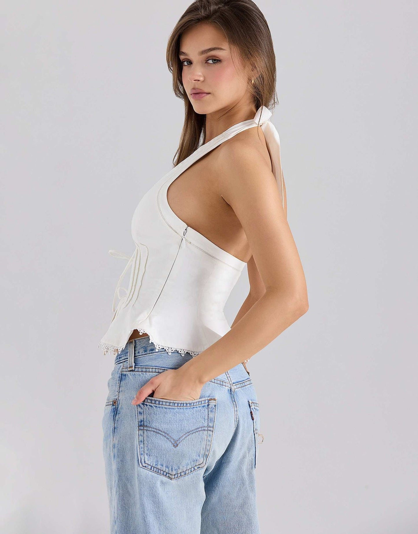 WHITE Poplin Halter Neck Self Tie Back Lace Trim Peplum Top