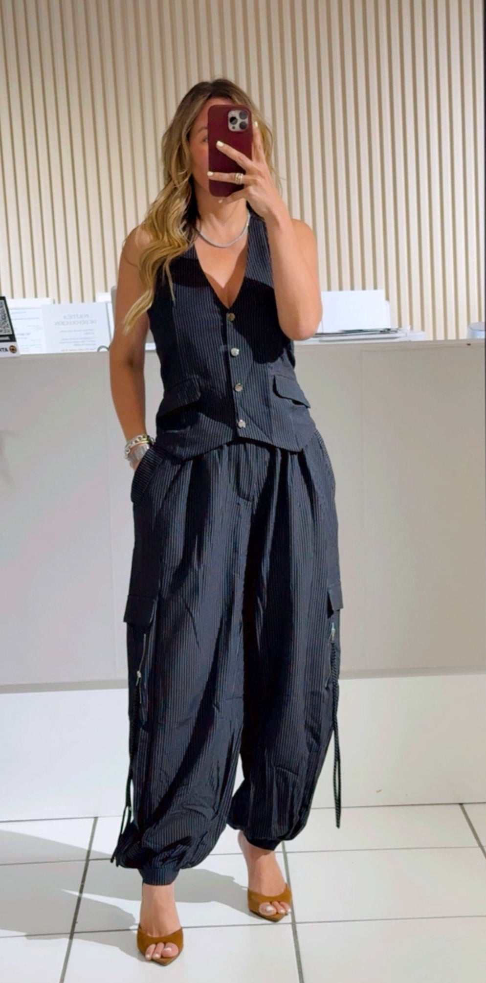 Black Striped Vest Set