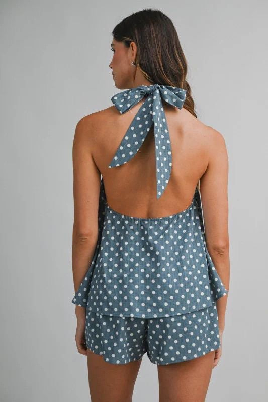 BLUE Polka Dot Halter Neck Open Back Self Tie Top And Shorts Set