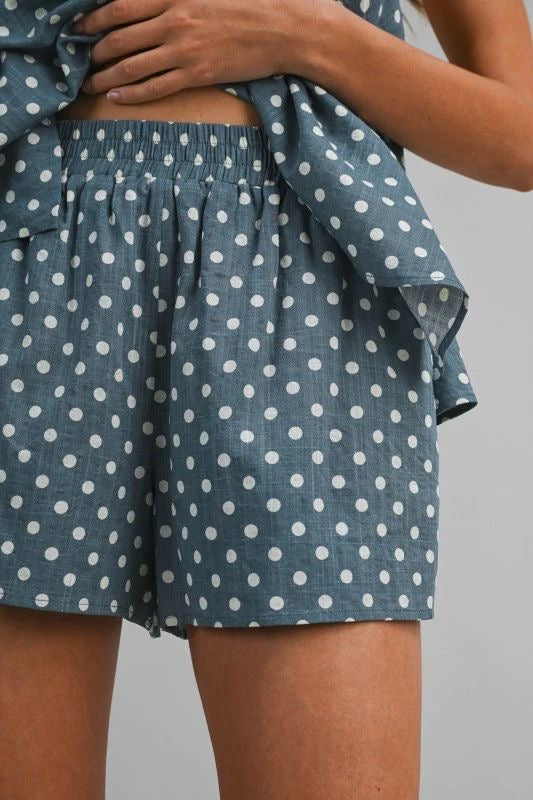 BLUE Polka Dot Halter Neck Open Back Self Tie Top And Shorts Set