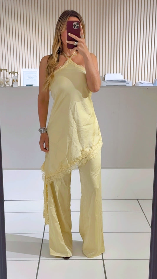 Yellow satin junpsuit