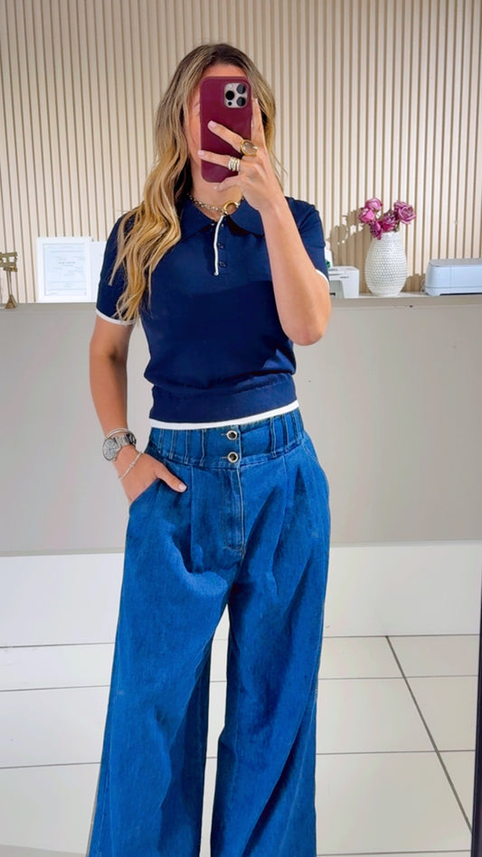 NAVY Short Slv Layered Polo Knit Top