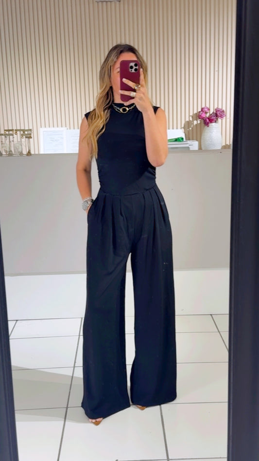Sleeveless High Neck Pleated Rib Jumpsuit