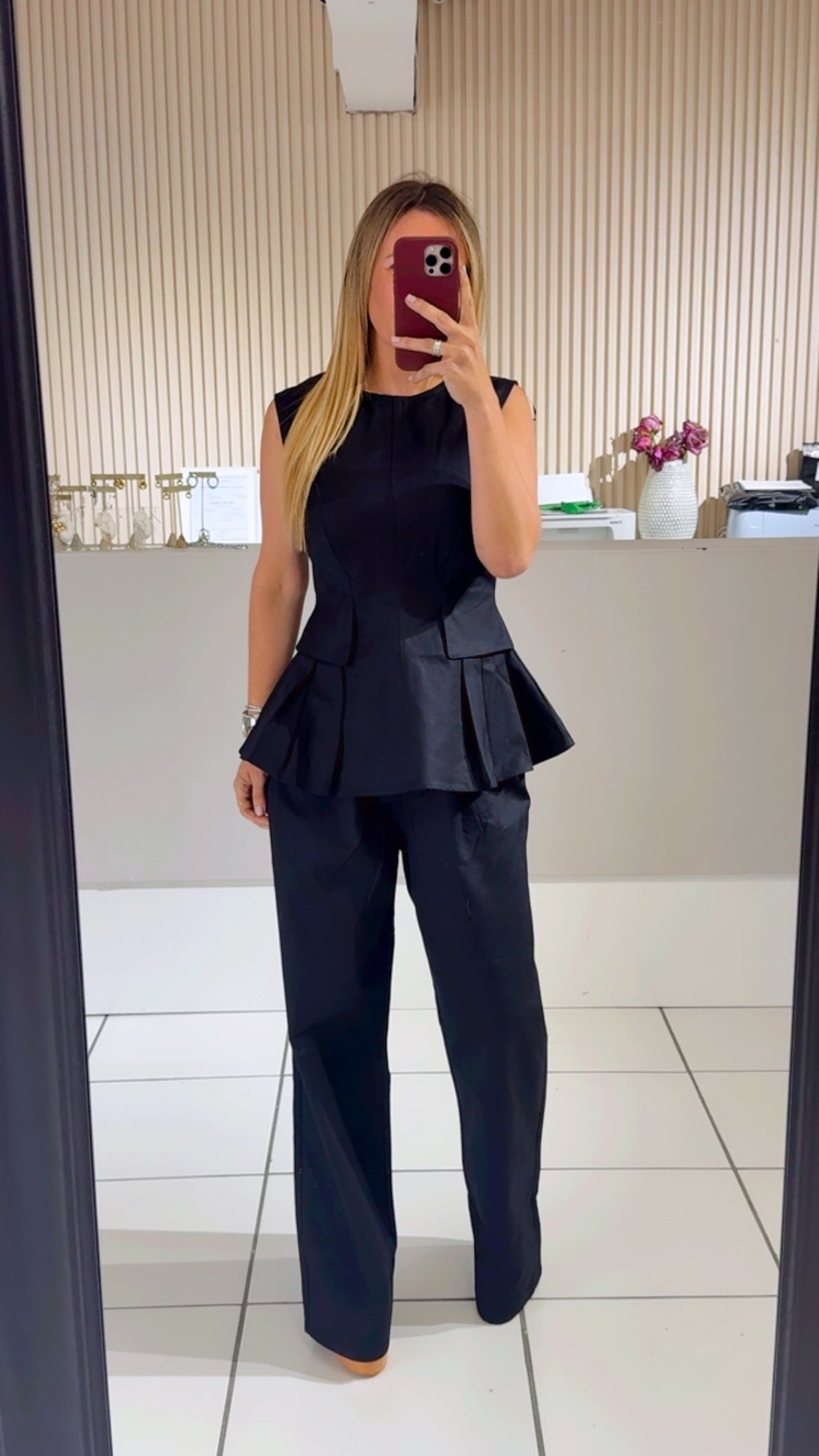BLACK Sleeveless Peplum Top And Straight Pants Set