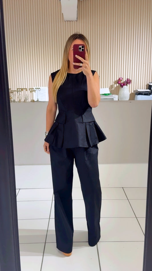 BLACK Sleeveless Peplum Top And Straight Pants Set