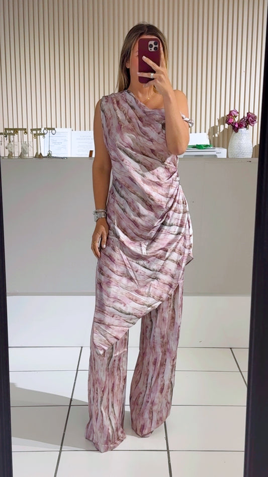 One-shoulder Draped Satin Set
