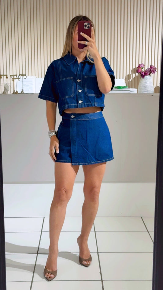 Denim Short Sleeve Collar Shirt And Skort Set