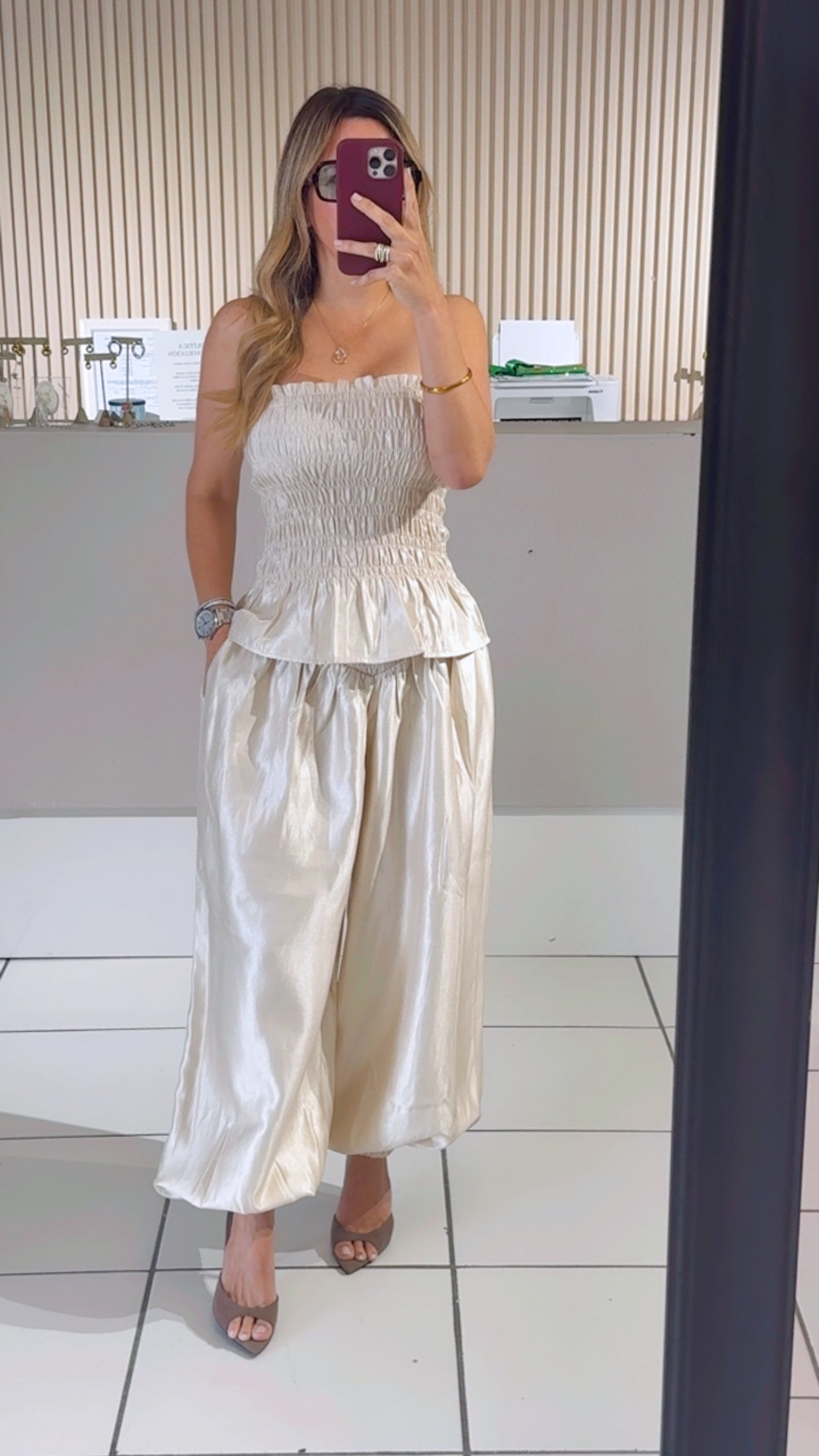 CREAM Strapless Smocking Peplum Top And Balloon Pants Set