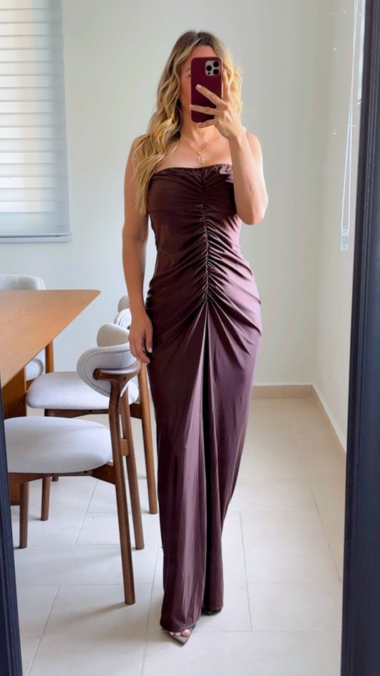 Strapless Ruched Satin Maxi Dress