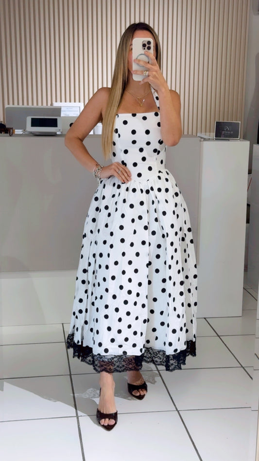 Polka Dot Lace Hem Midi Dress