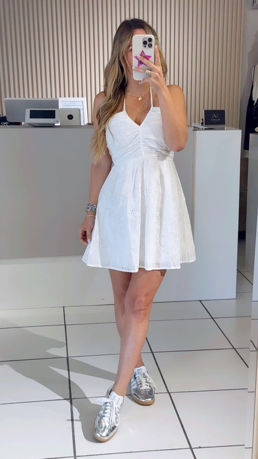White Ruched Halter Eyelet Dress
