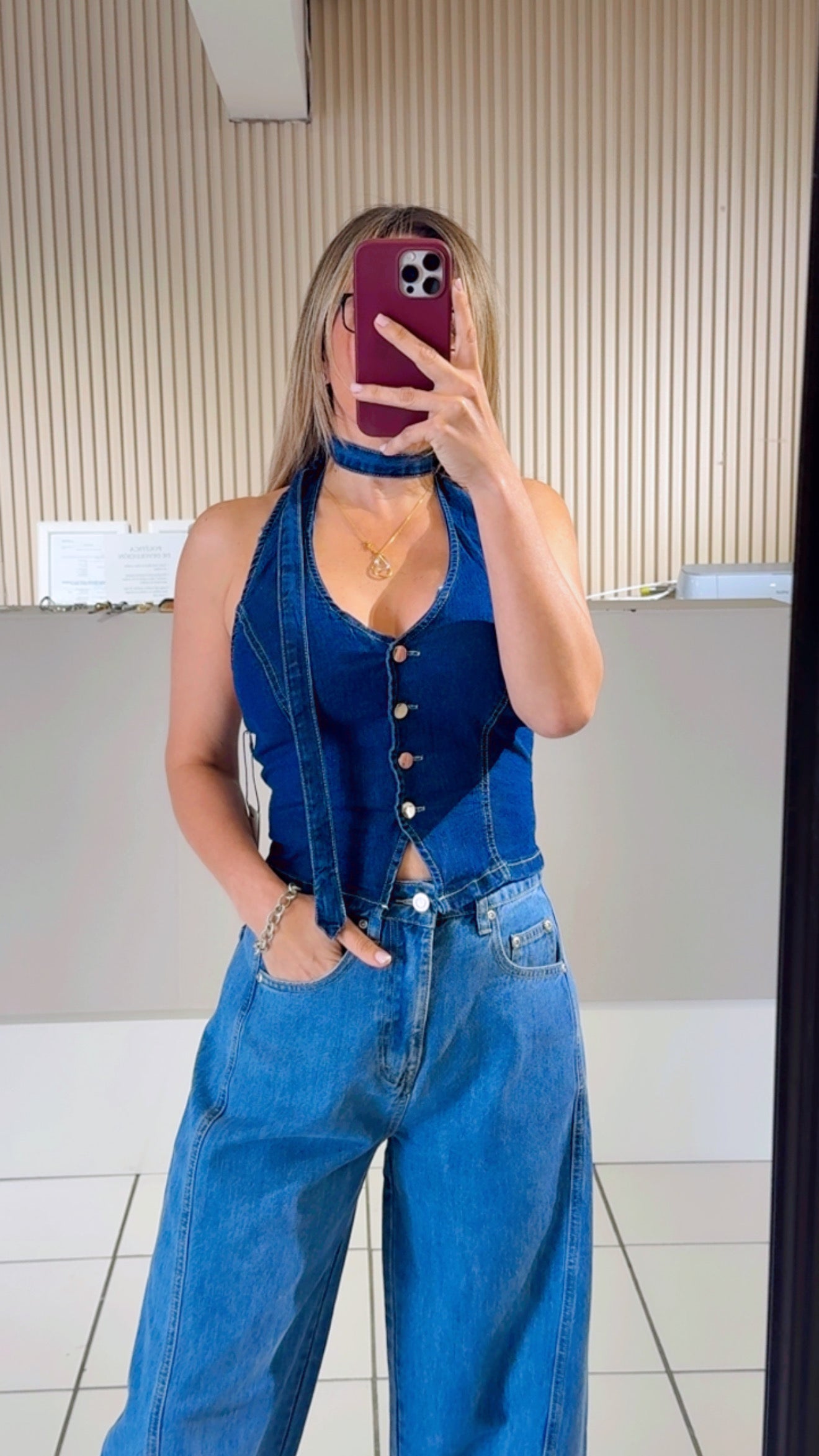 Denim Necktie Halter Top