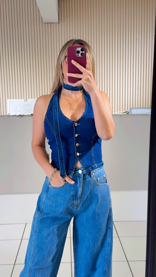 Denim Necktie Halter Top
