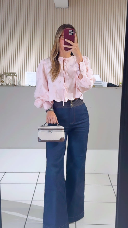 PINK Ditzy Floral Embroidered Scalloped Hem Blouse Top