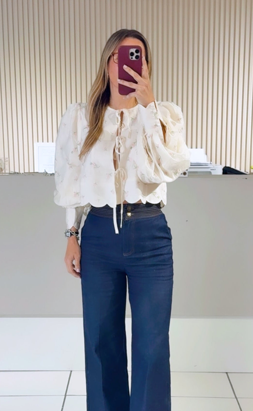 BUTTER Ditzy Floral Embroidered Scalloped Hem Blouse Top