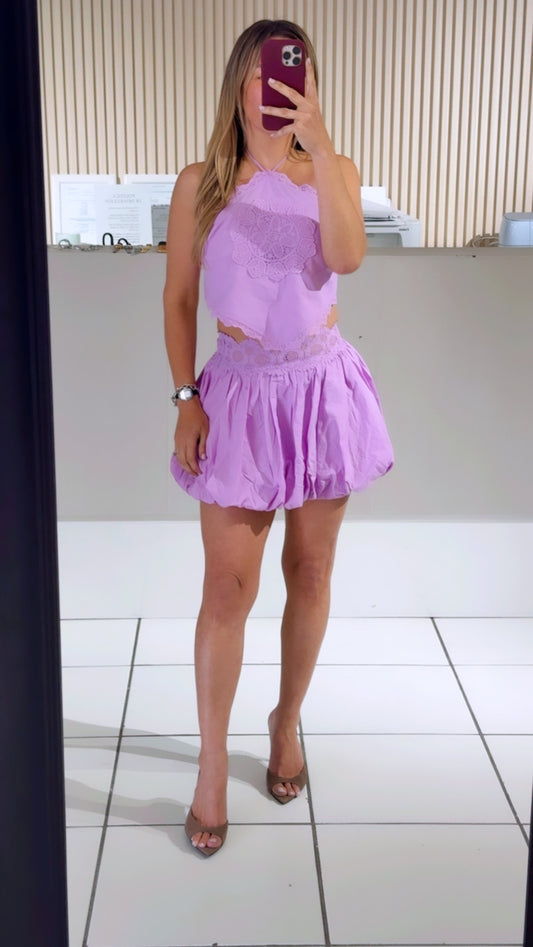 LAVENDER Embroidered Patch Halter Back Tie Top And Bubble Skirt Set