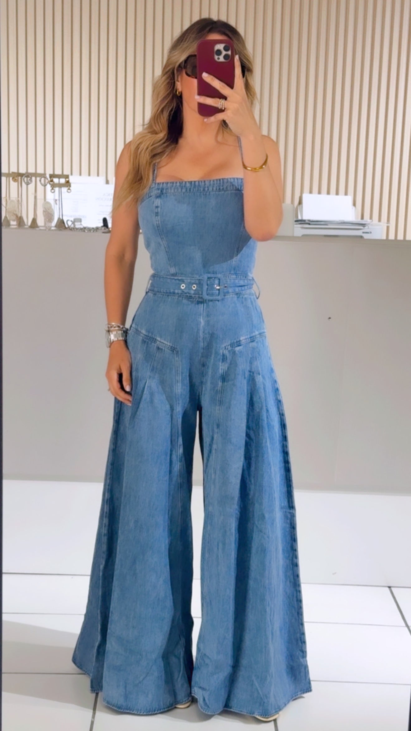 Denim jumpsuit with belt