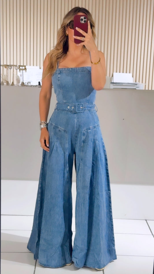 Denim jumpsuit with belt