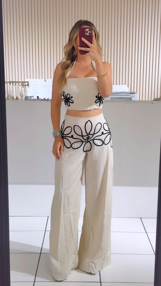 Coastal Bloom Embroidered Halter Pants Set