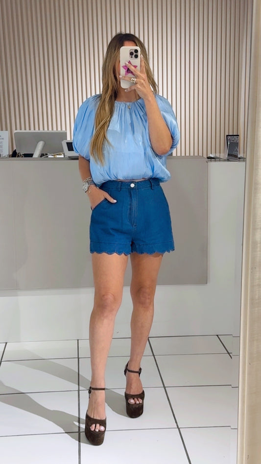 Scalloped Hem Denim Shorts