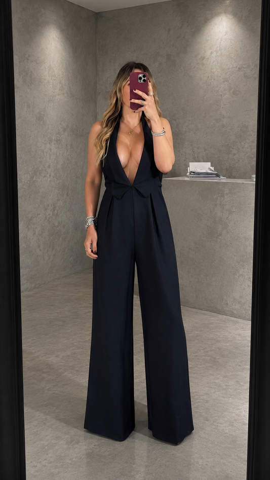 BLACK Halterneck Tailored Vest Jumpsuit With Plunging Neckline