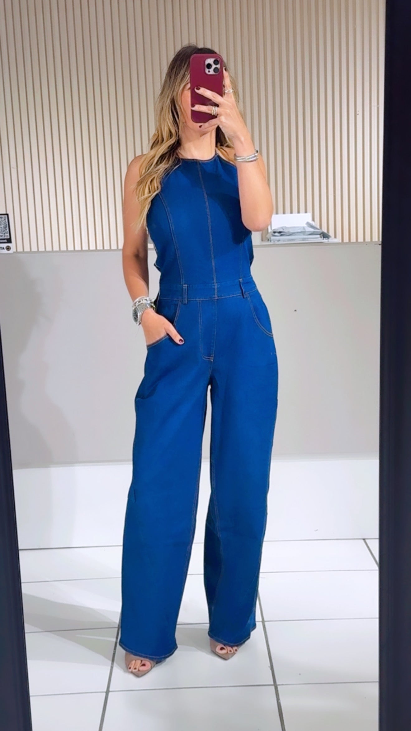 Denim Halter Barrel Pants Back Tie Detail Jumpsuit