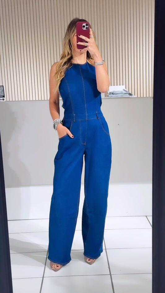 Denim Halter Barrel Pants Back Tie Detail Jumpsuit