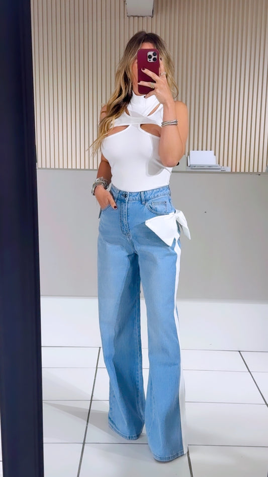 Light-Wash Denim with White Bow