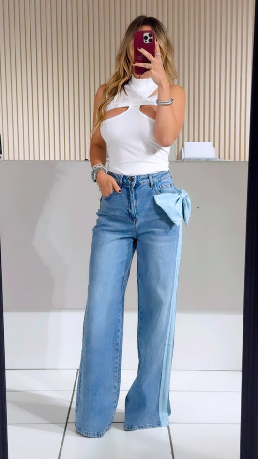 Light-Wash Denim with Blue Bow