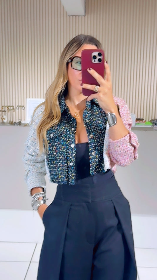 Tweed Lurex Long Sleeve Crop Top
