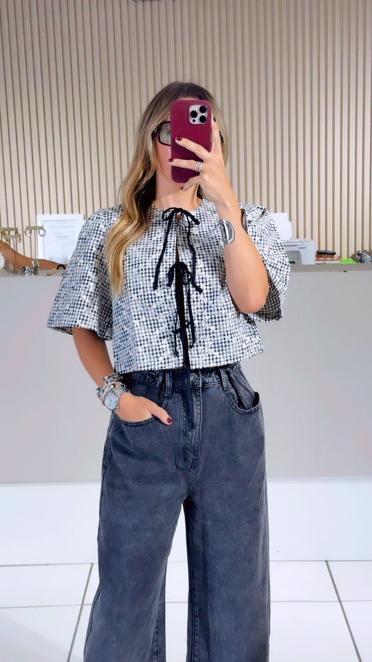 Front Bow Tie Cropped Eyelet Top