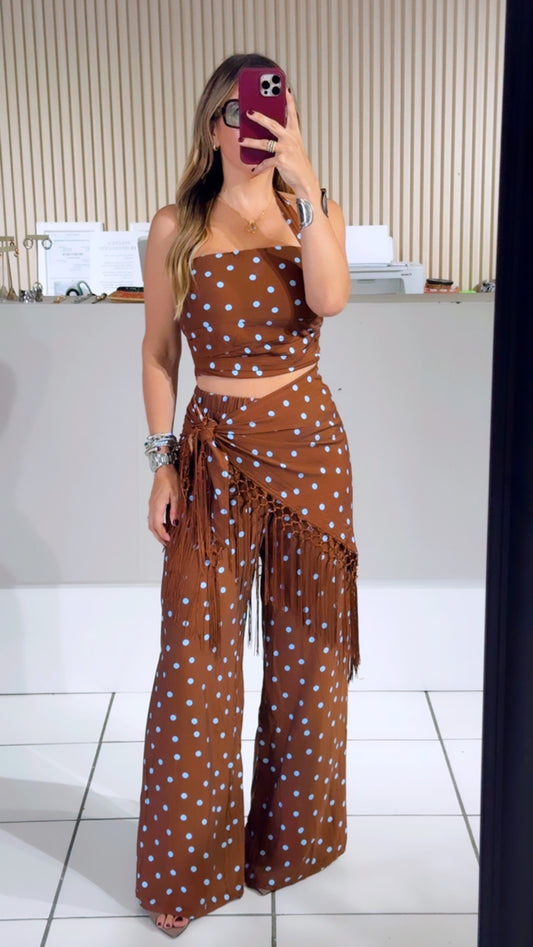 BROWN Polka Dot Halter Top And Fringe Pants Se