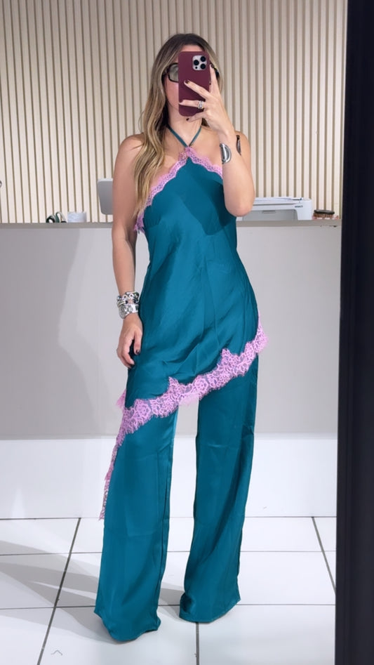 TURQUESA Contrast Lace Trim Satin Halter Jumpsuit