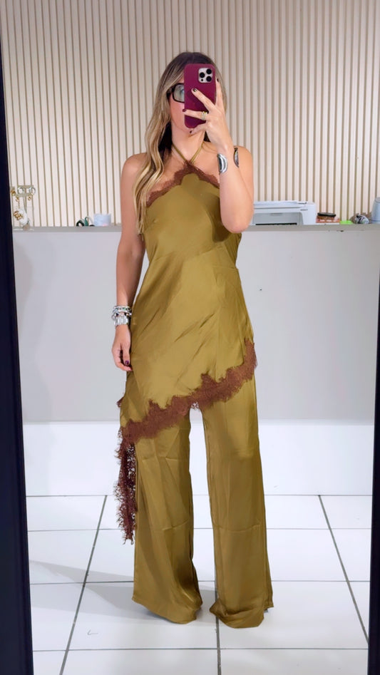OLIVE Contrast Lace Trim Satin Halter Jumpsuit
