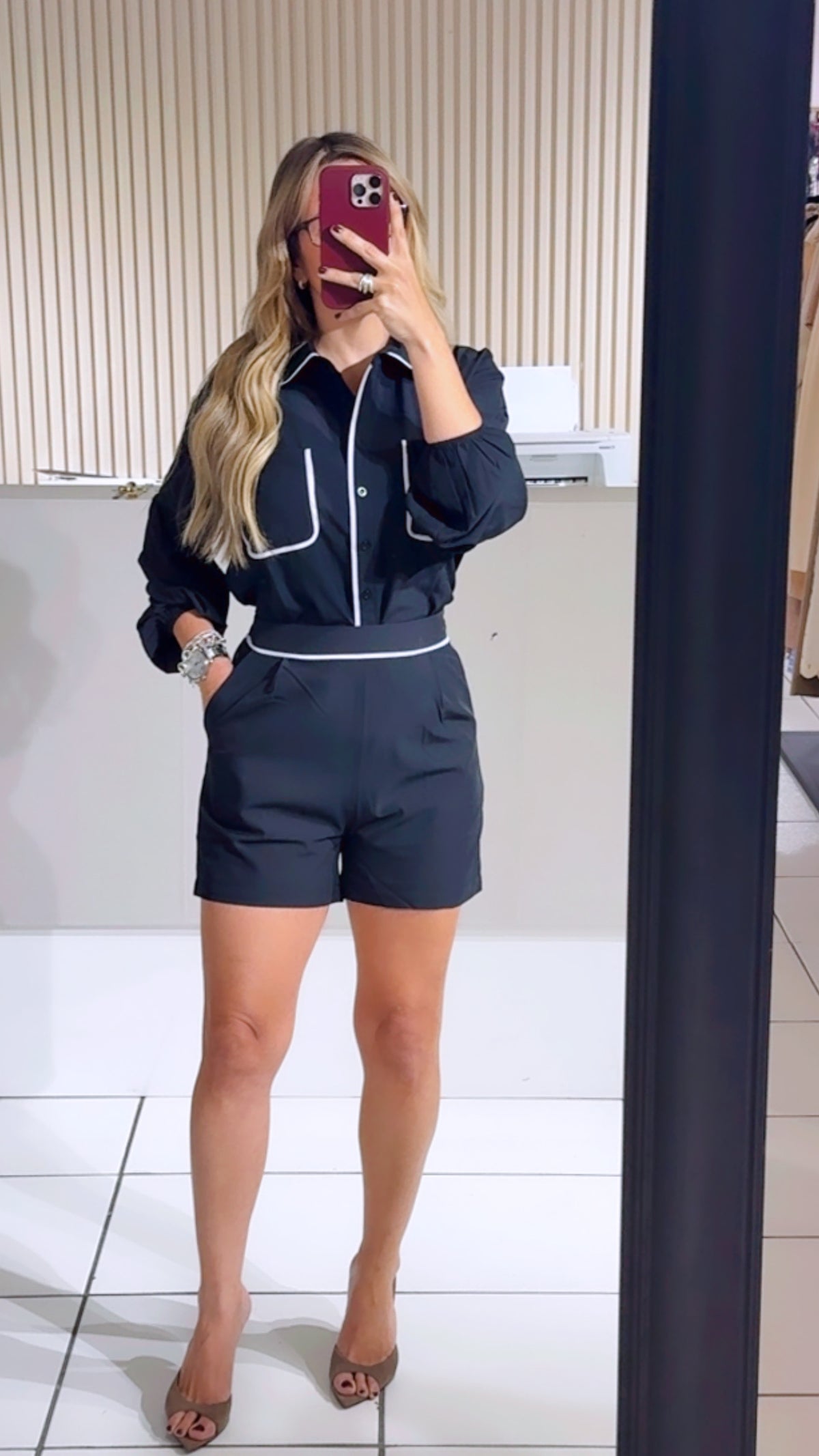 BLACK Woven Shirt And Short Set With Contrast