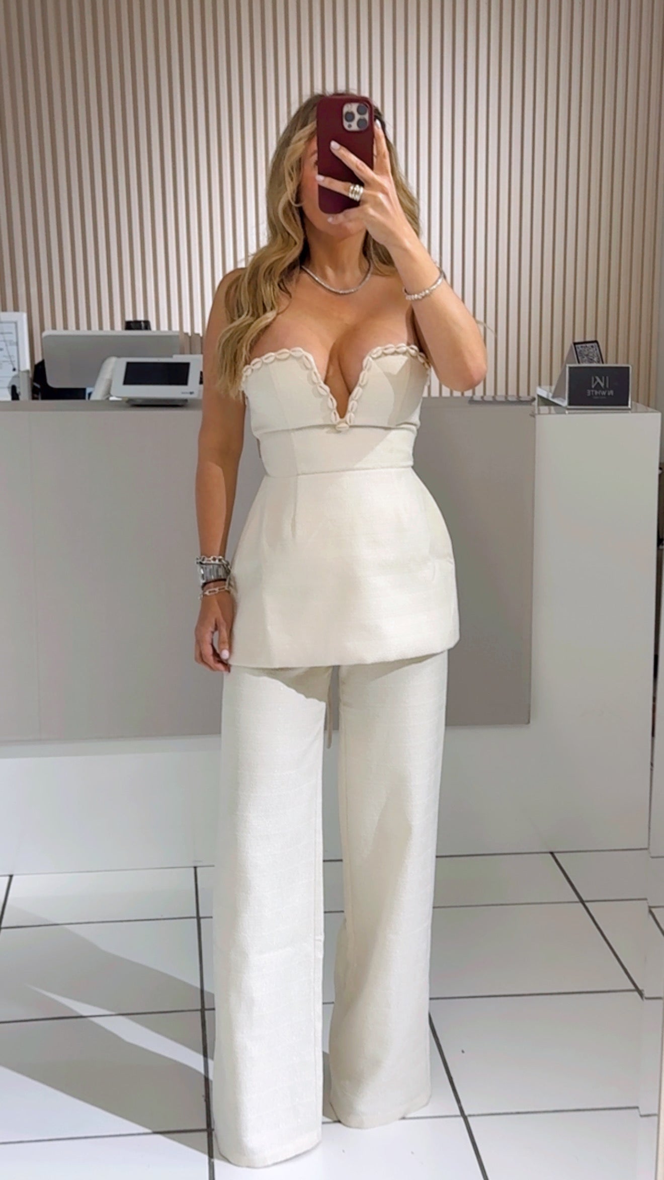 Shell-Trim V-Neck Top and Matching Pants Set