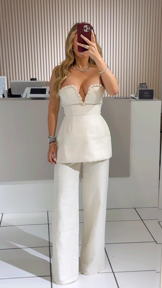 Shell-Trim V-Neck Top and Matching Pants Set