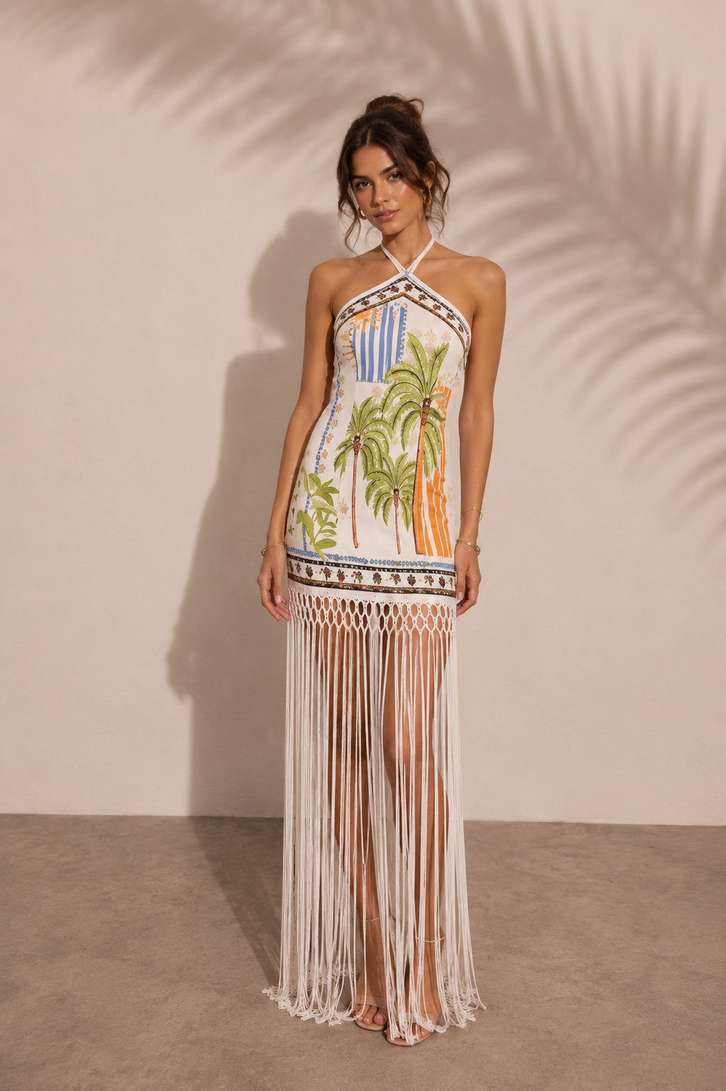 Tropical Print Fringe Maxi Dress