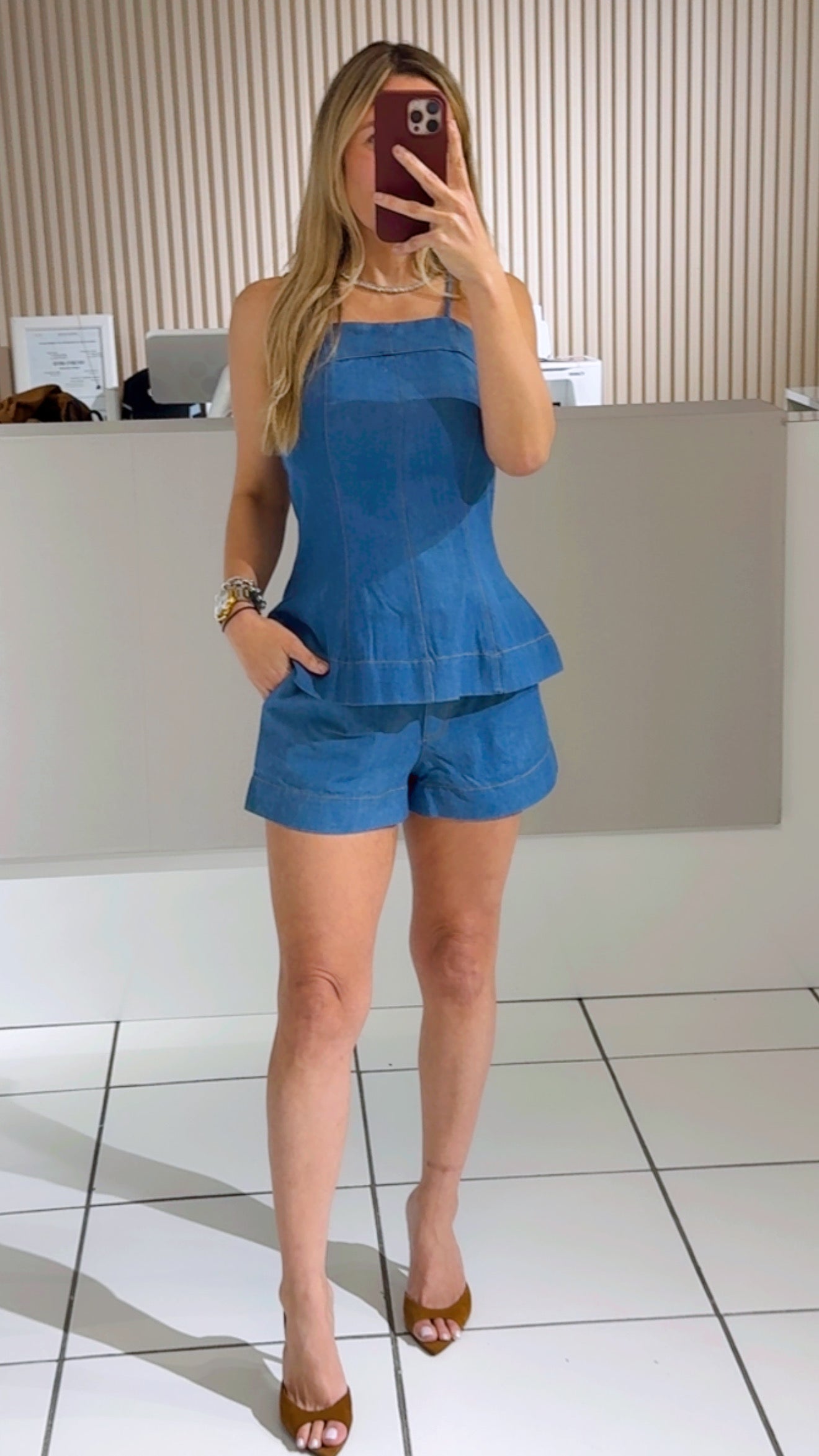 Denim Peplum Top & High-Waisted Shorts Set