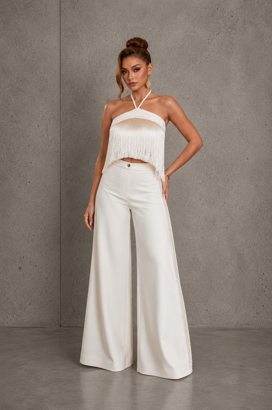 BEIGE Fringe Halter And Wide Leg Pants Set