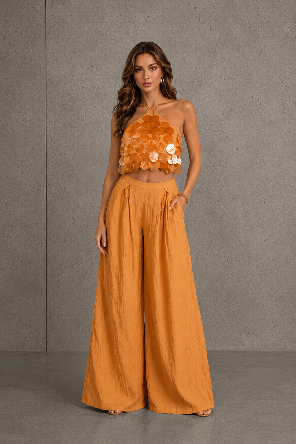 Seashell Halter Top And Crinkle Wide Leg Pants Set