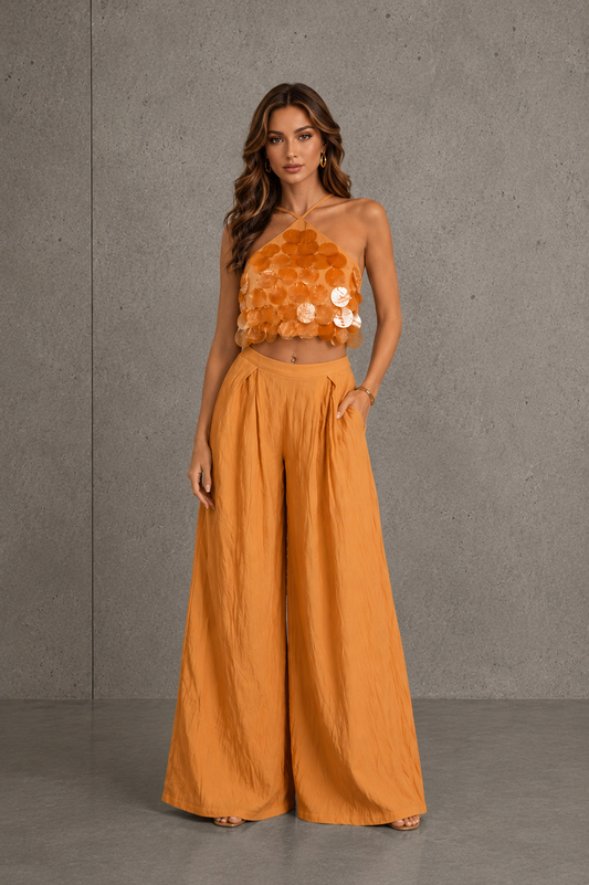 Seashell Halter Top And Crinkle Wide Leg Pants Set