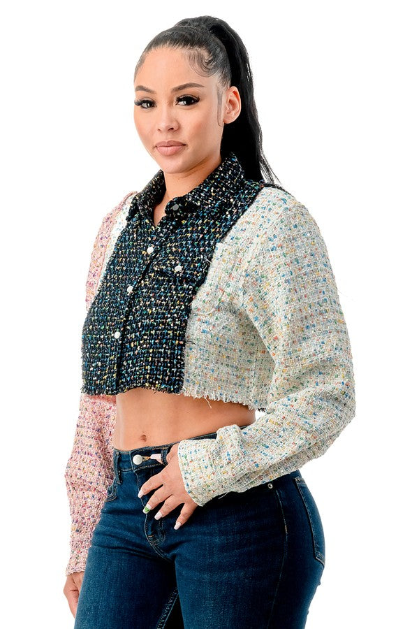 Tweed Lurex Long Sleeve Crop Top