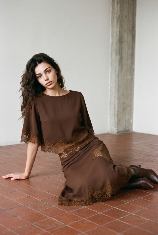 CHOCO LACE SATIN SET SKIRT