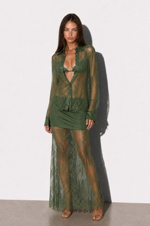 Scallop Floral Lace Top Maxi Skirt Bralette 3 Pc Set