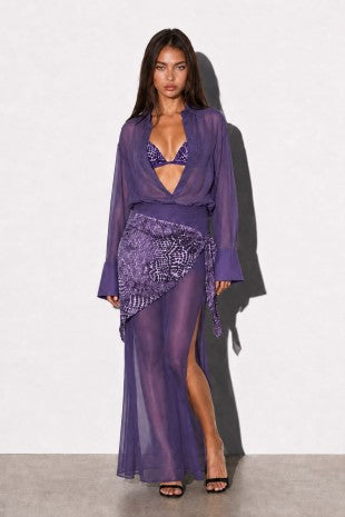 Sheer Long Sleeve Maxi Dress Bralete And Scarf 3 Pc Set