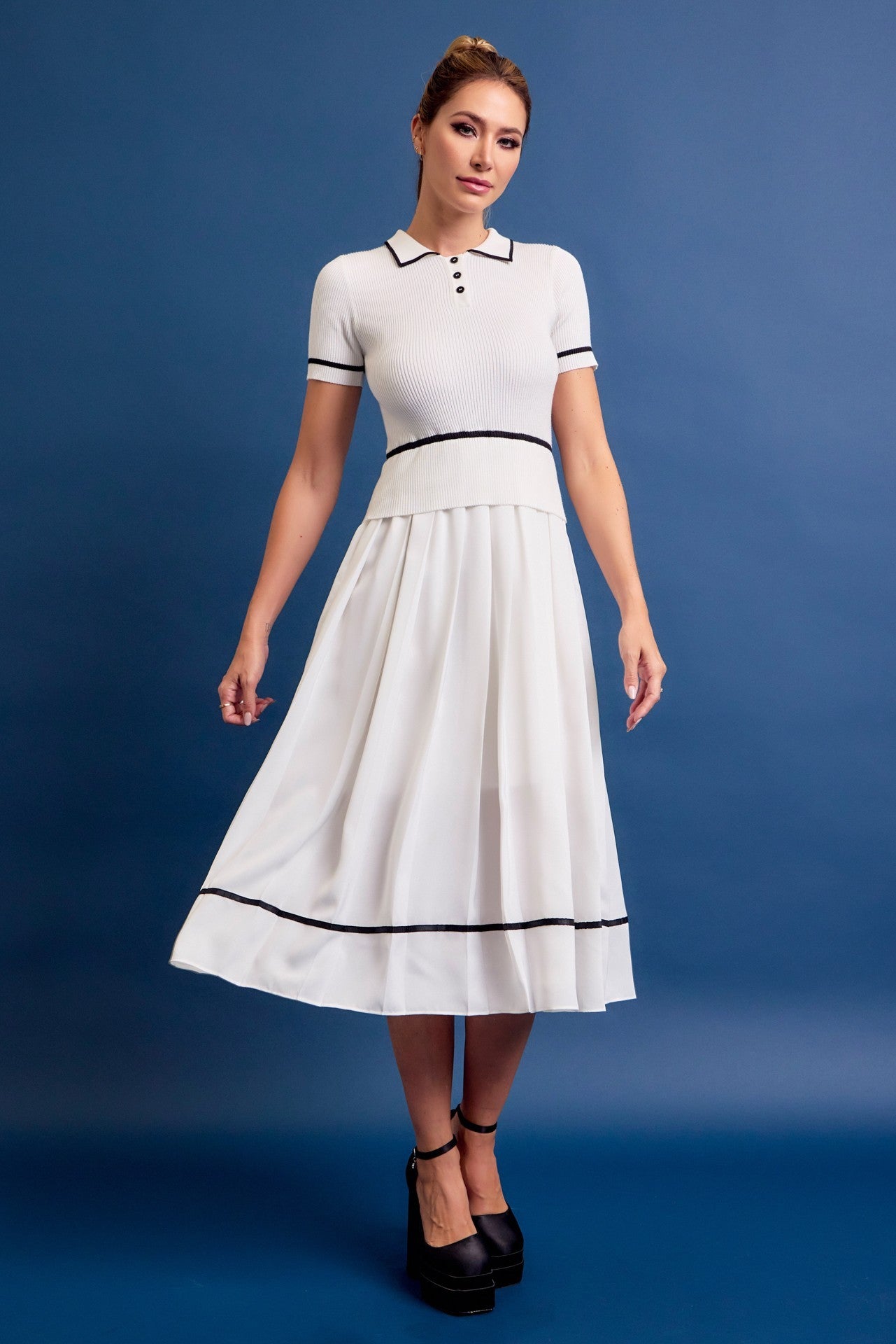 Knit Sleeveless Midi Dress Pleated Woven Skirt