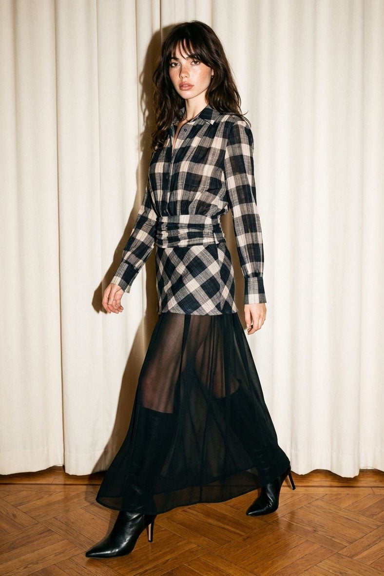 Checkered Plaid Mixed Media Sheer Maxi Dress