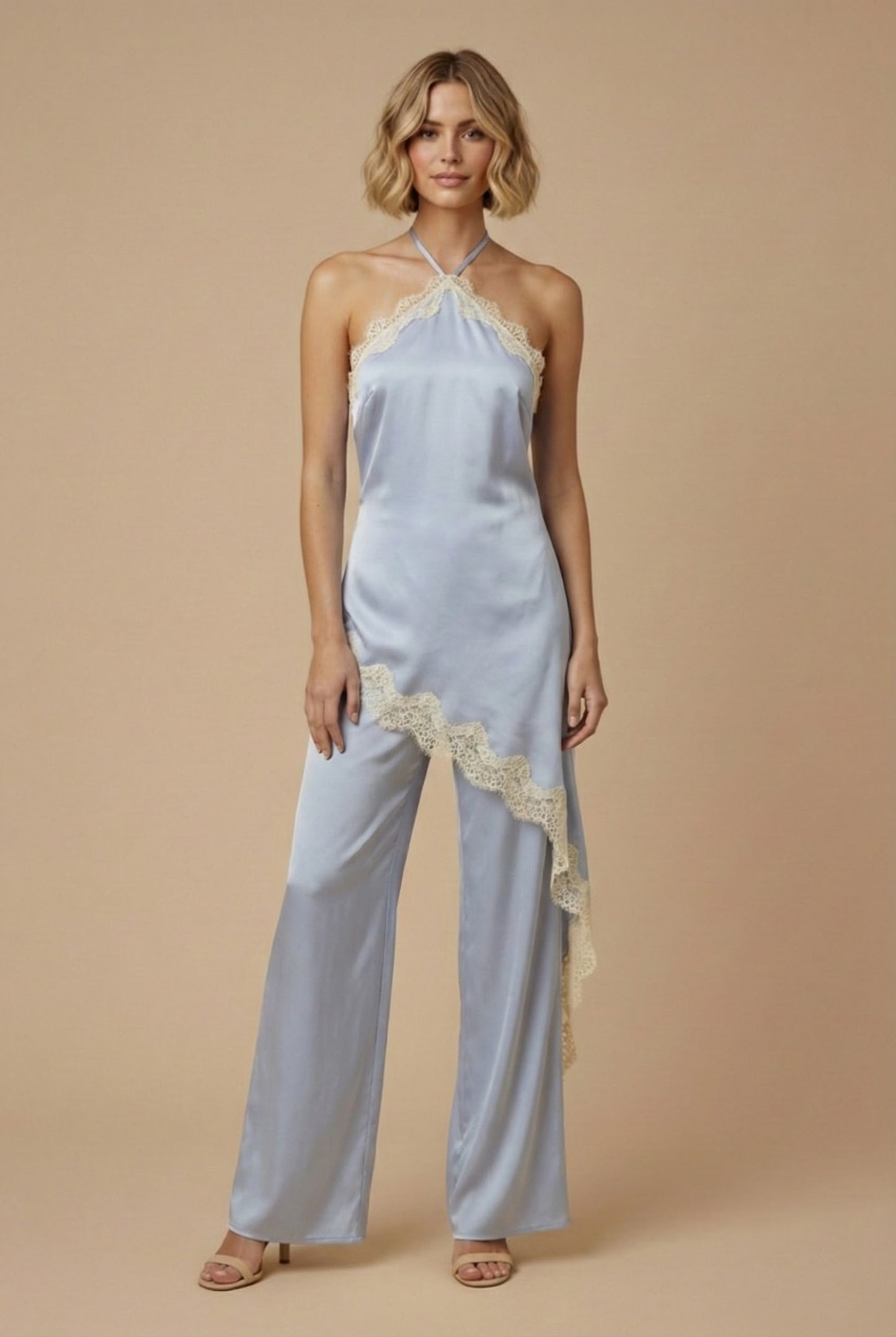 LIGHT BLUE Satin Lace Halter Jumpsuit